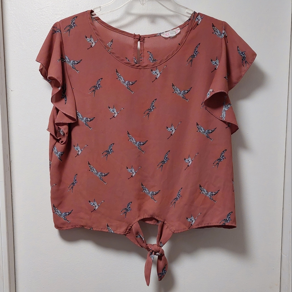 A'GACI Flutter Sleeve Tie Hem Top